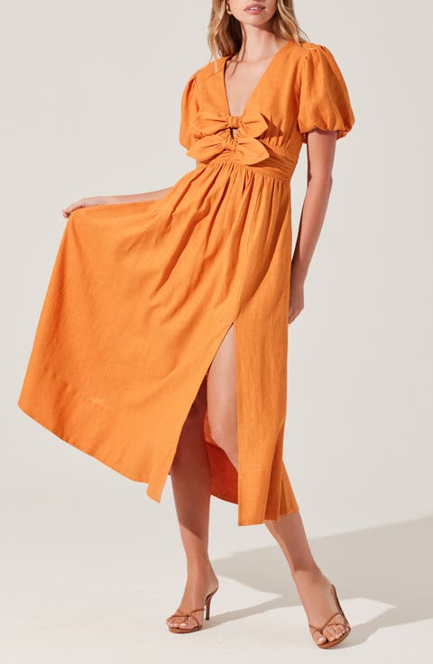 Citrine Bow Linen & Cotton Midi Dress