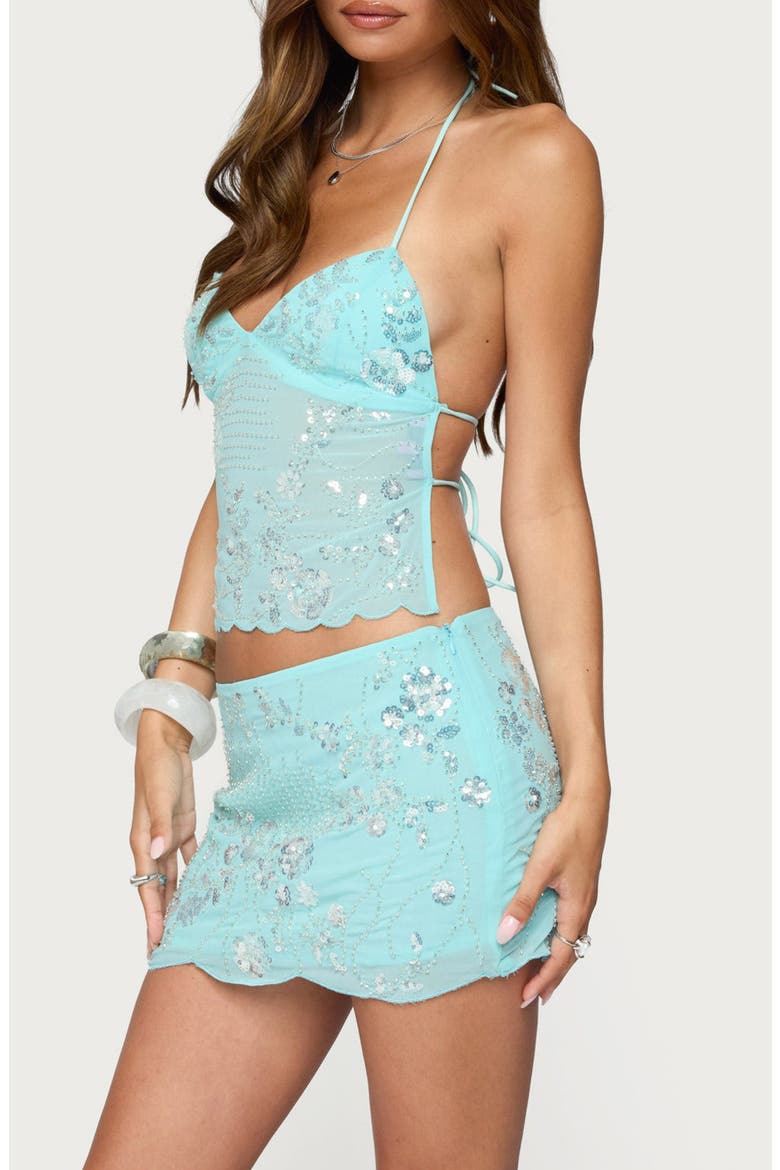 Nelley Sequin Beaded Open Back Halter Top, Alternate, color, TURQUOISE