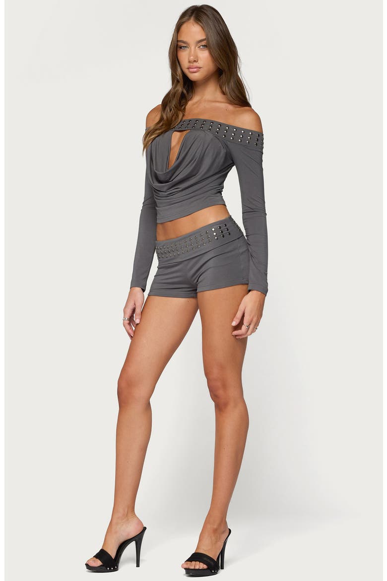 Amy Studded Foldover Shorts, Alternate, color, DARK-GRAY