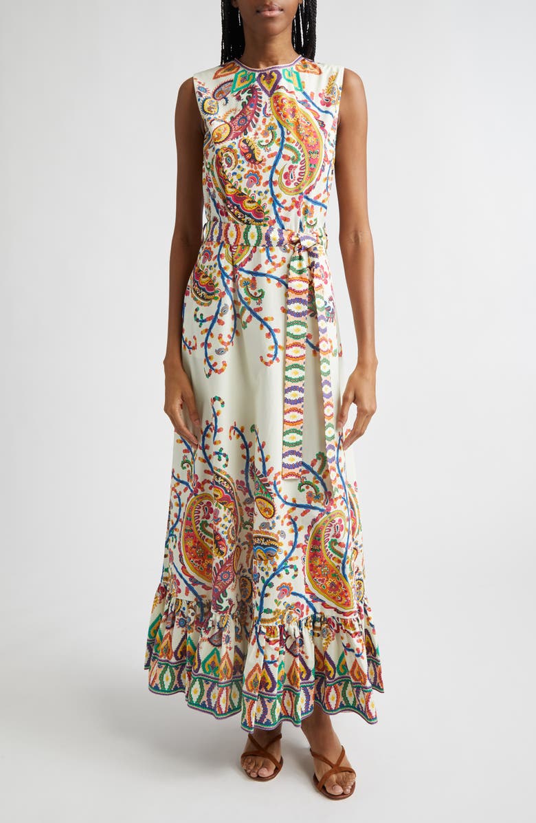 Etro Floral Paisley Belted Cotton Poplin Fit & Flare Dress, Main, color, Print On White Base