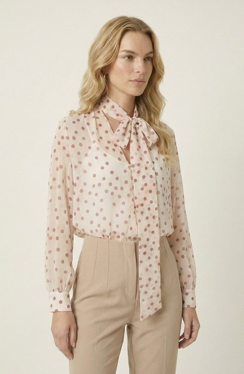 Summer Polka Dot Tie Neck Long Sleeve Blouse