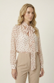 Modenaire Summer Polka Dot Tie Neck Long Sleeve Blouse