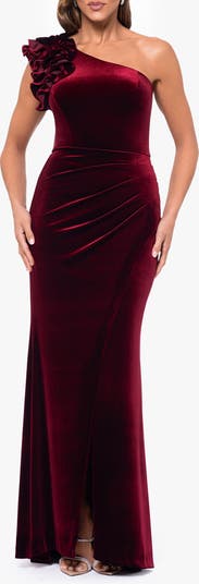 Xscape Evenings One-Shoulder Ruffle Velvet Gown | Nordstrom