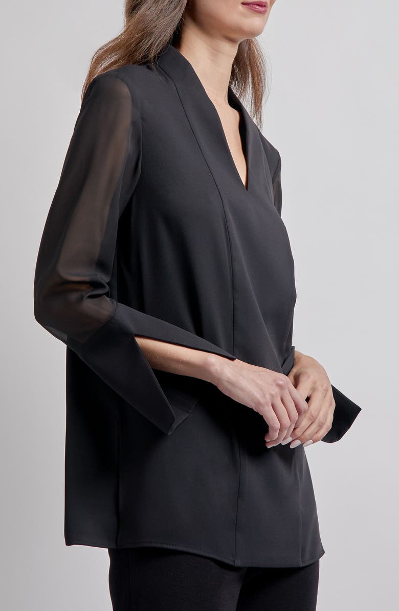 Misook Sheer Sleeve Crêpe de Chine Top, Alternate, color, Black