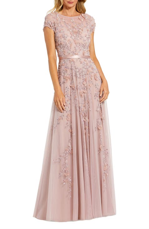 Floral Embellished Mesh Short Sleeve Gown