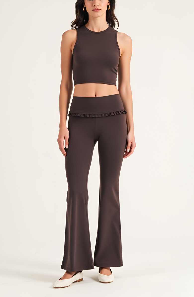 Modenaire High Waist Flare Pants with Ruffle Trim Waist and Stretch Fit, Alternate, color, 