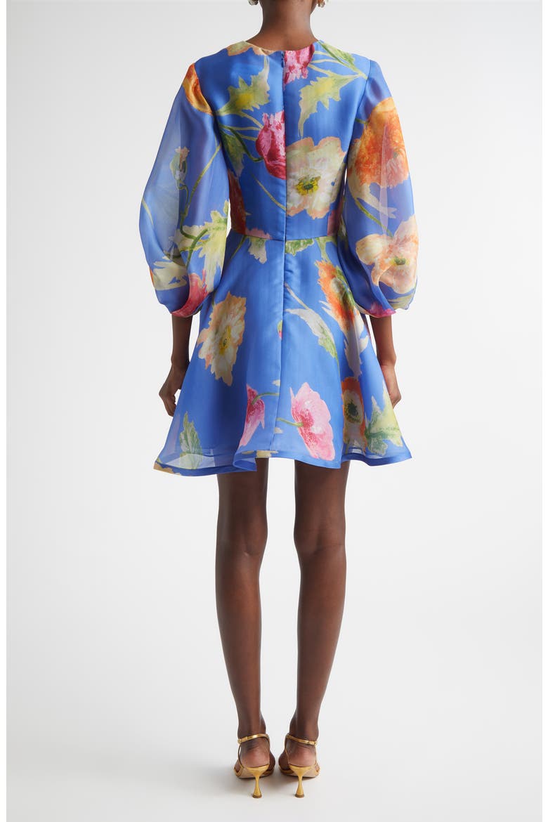 Poppy Print Floral Puff Sleeve Silk Organza Minidress, Alternate, color, BLUEBELL MULTI