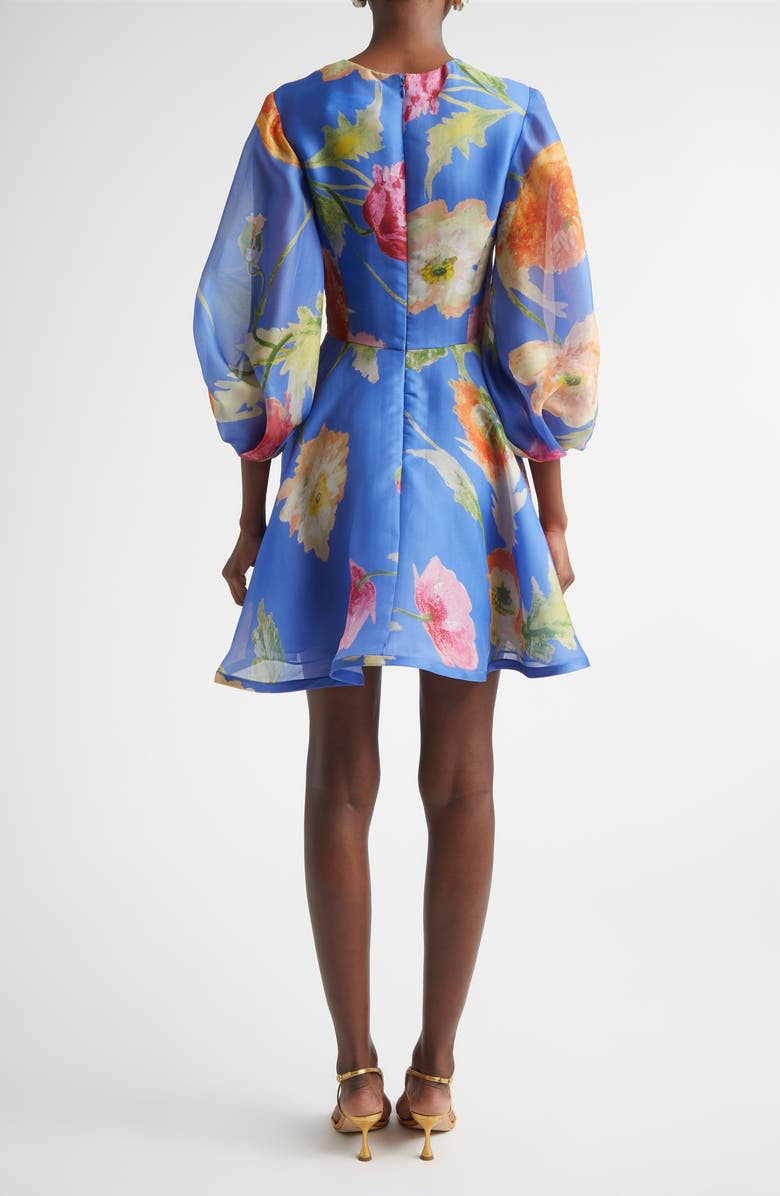 Carolina Herrera Poppy Print Floral Puff Sleeve Silk Organza Minidress, Alternate, color, Bluebell Multi