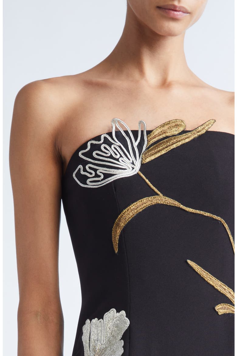Floral Cord Embroidery Strapless Stretch Crepe Gown, Alternate, color, BLACK/ METALLIC