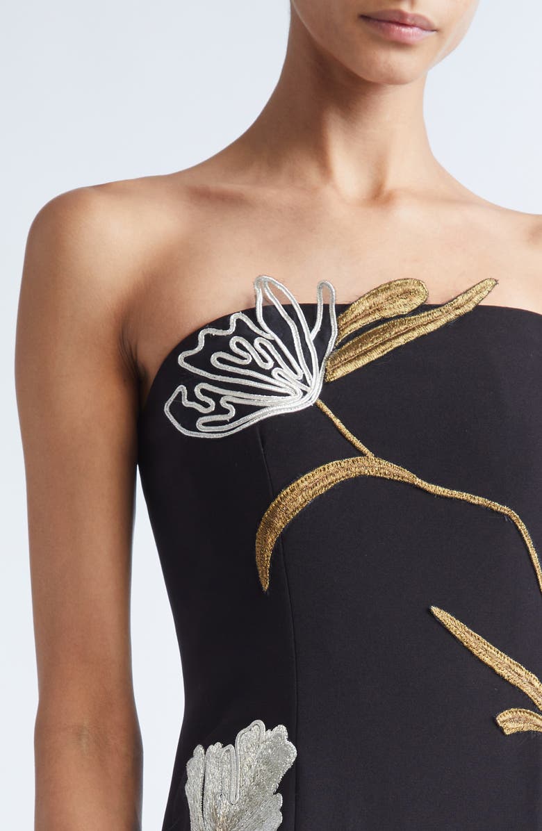 Lela Rose Floral Cord Embroidery Strapless Stretch Crepe Gown, Alternate, color, Black/ Metallic