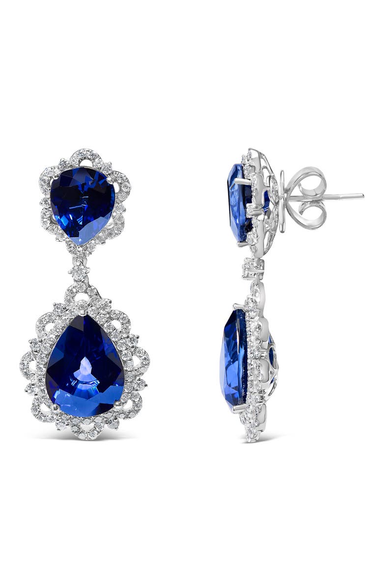 Haus of Brilliance 18K White Gold Blue Sapphire & 2.0 Cttw Diamond Halo Drop & Dangle Earring, Alternate, color, White