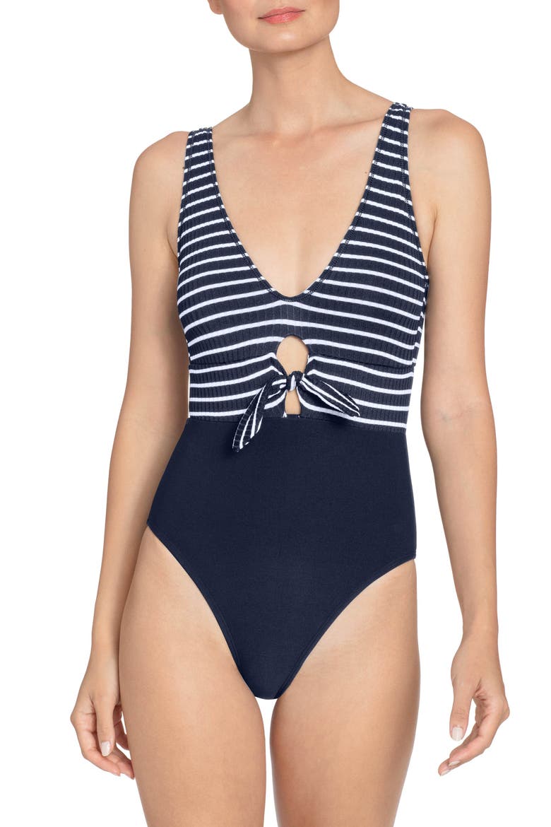 Sailor Tie Front One-Piece Swimsuit, Main, color, NAVY/WHITE