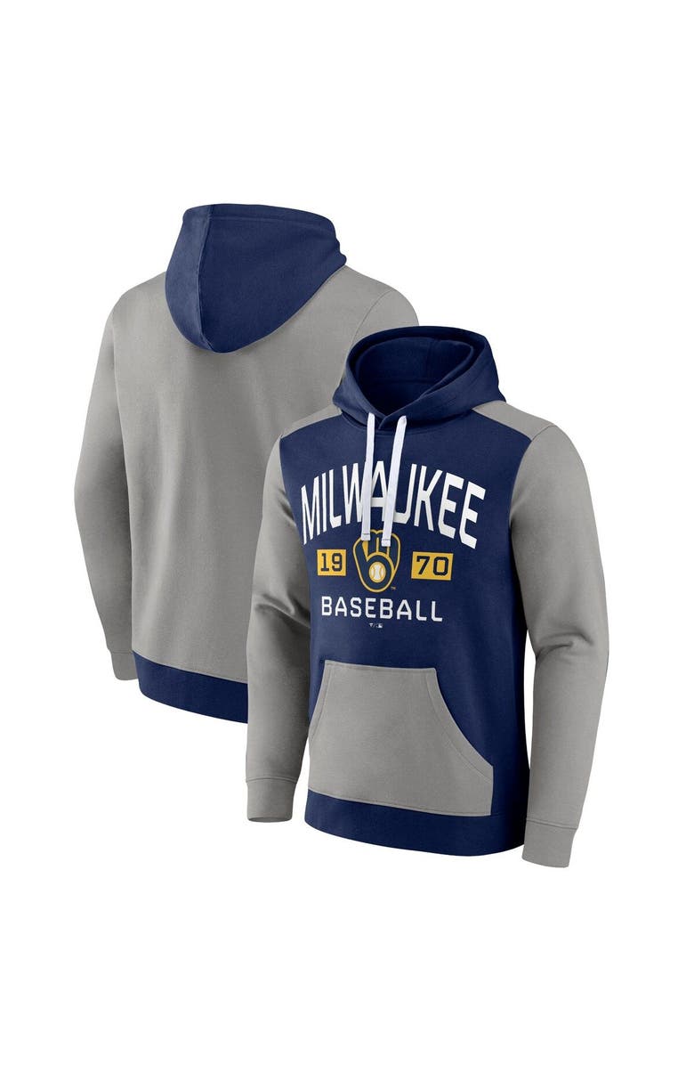FANATICS Men's Fanatics Branded Navy/Gray Milwaukee Brewers Chip In Team Pullover Hoodie, Main, color, 
