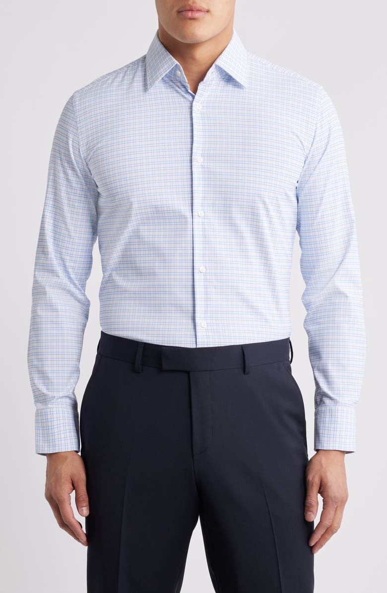 BOSS Hank Kent Slim Fit Plaid Performance Twill Dress Shirt, Main, color, Open Blue
