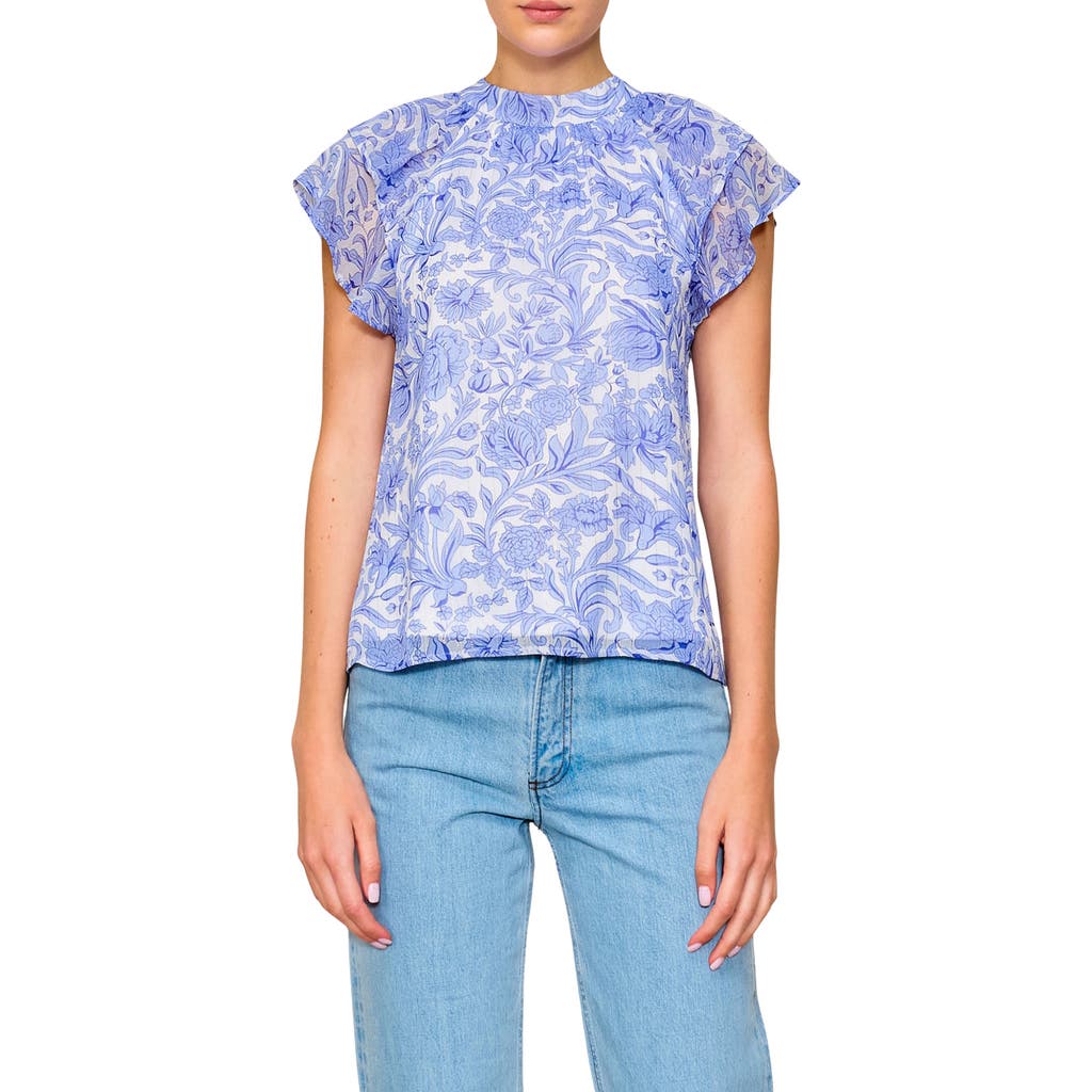 Melloday Flutter Sleeve Chiffon Top In Ivory/blue Toile