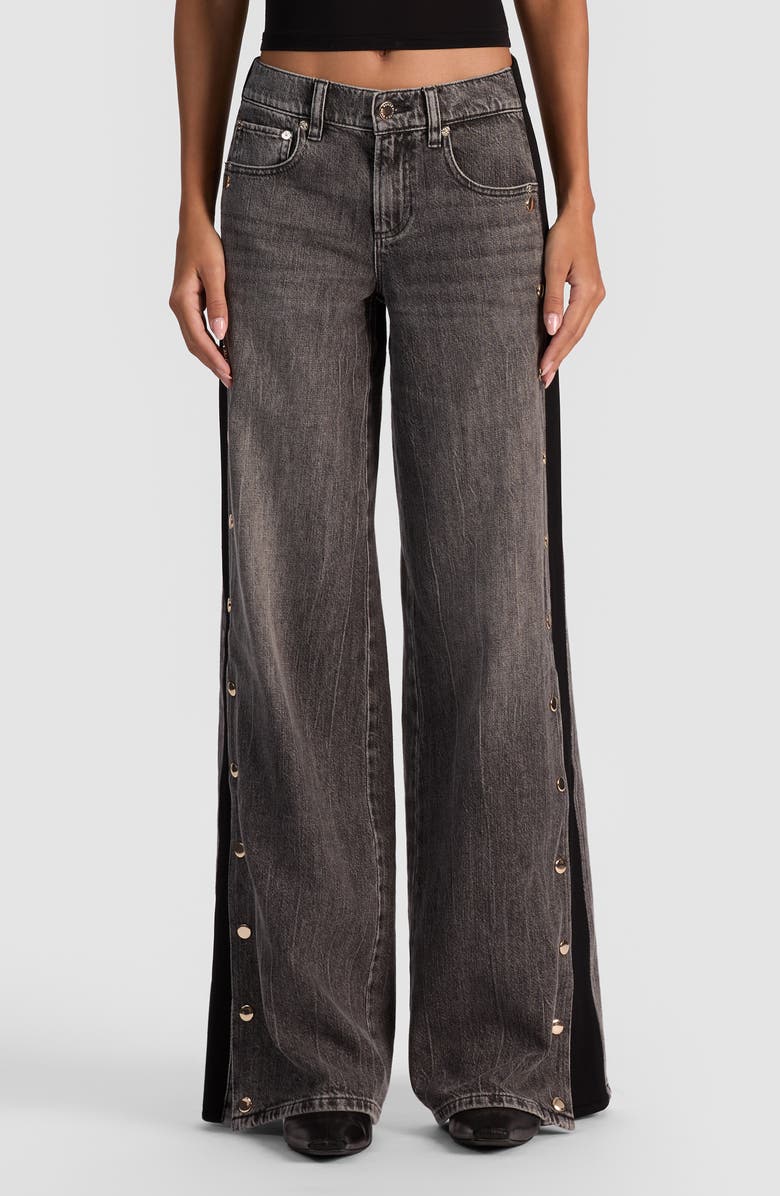Alice + Olivia Amazing Stud Detail Knit Side Panel Wide Leg Jeans, Main, color, Georgia Vintage Black