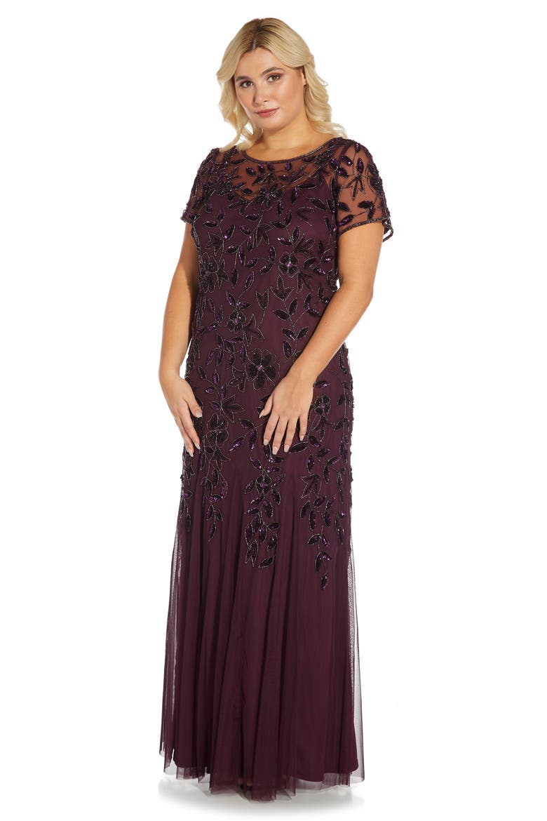 Beaded Floral Godet Gown, Alternate, color, NIGHT PLUM