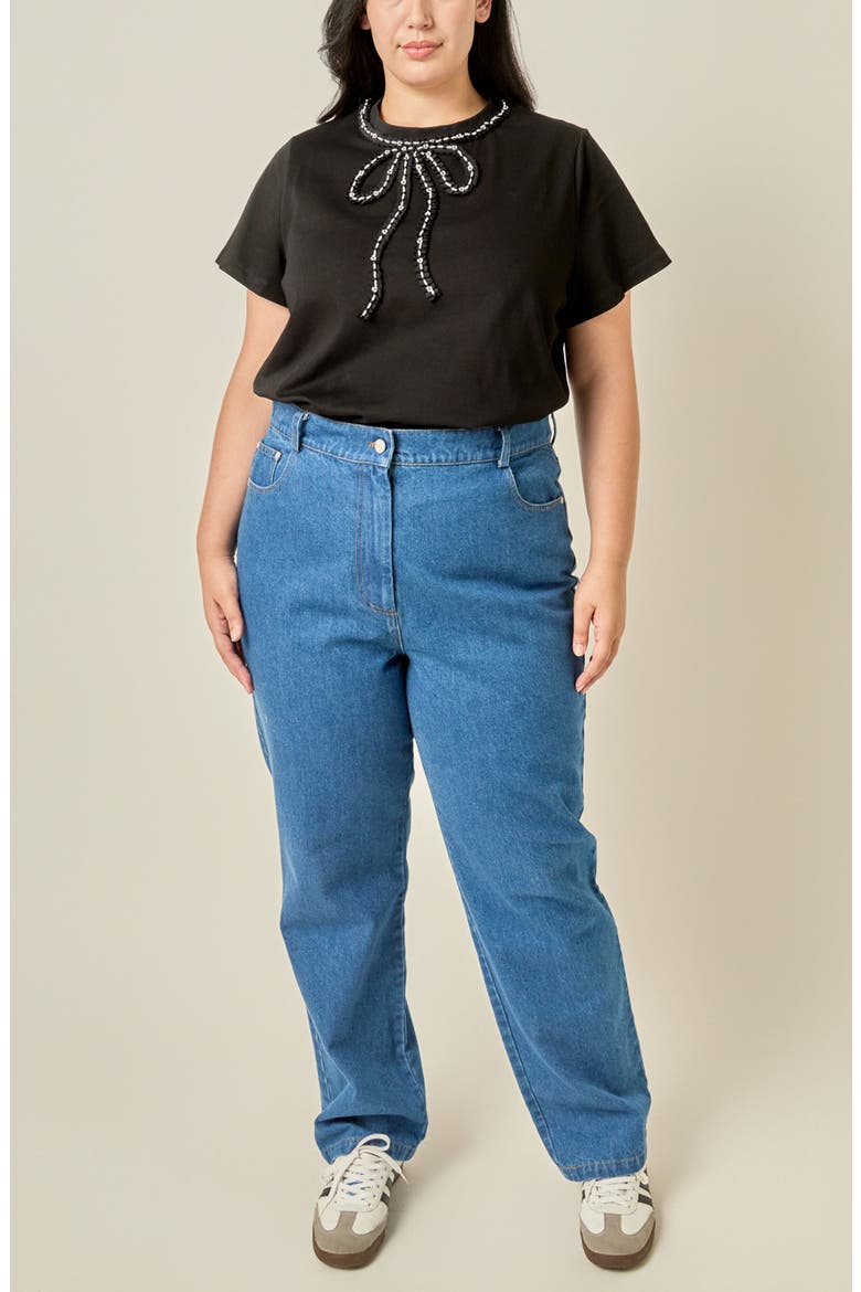 Pearl-Embellished Bow T-Shirt, Alternate, color, BLACK