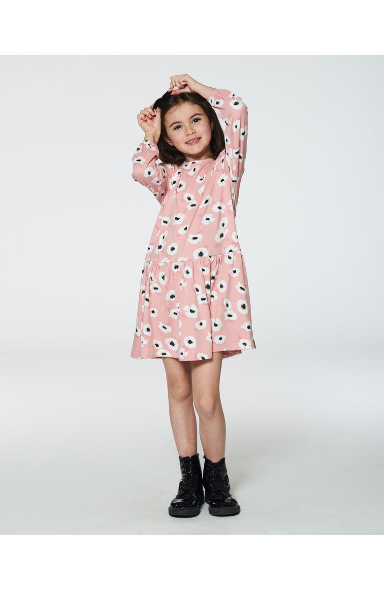 Deux par Deux Girl's Printed Long Sleeve Dress Pink With White Flowers, Alternate, color, 