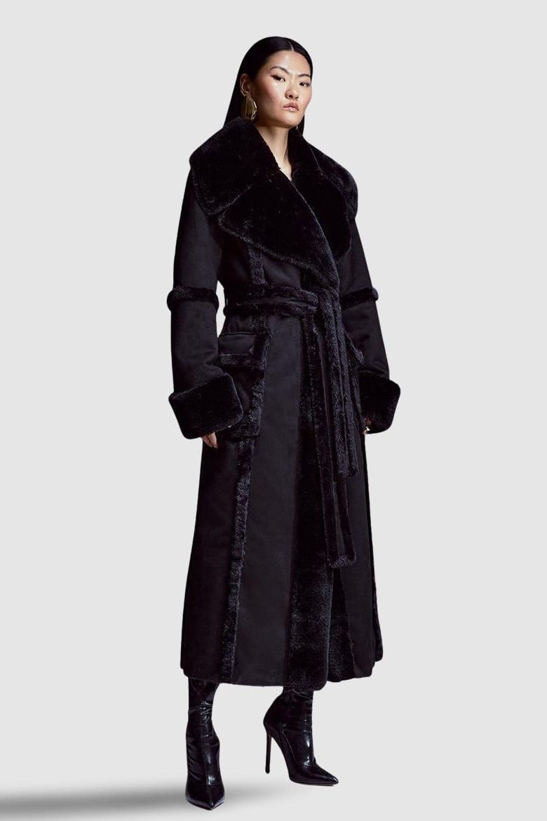 Faux Shearling Belted Maxi Coat, Main, color, Black