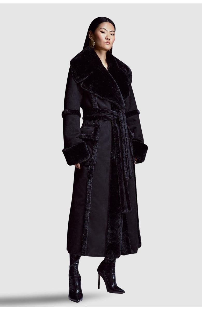 Karen Millen Faux Shearling Belted Maxi Coat, Main, color, Black