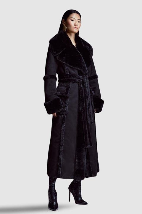Faux Shearling Belted Maxi Coat