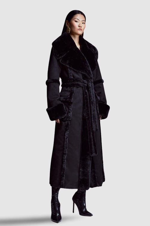Karen Millen Faux Shearling Belted Maxi Coat In Black