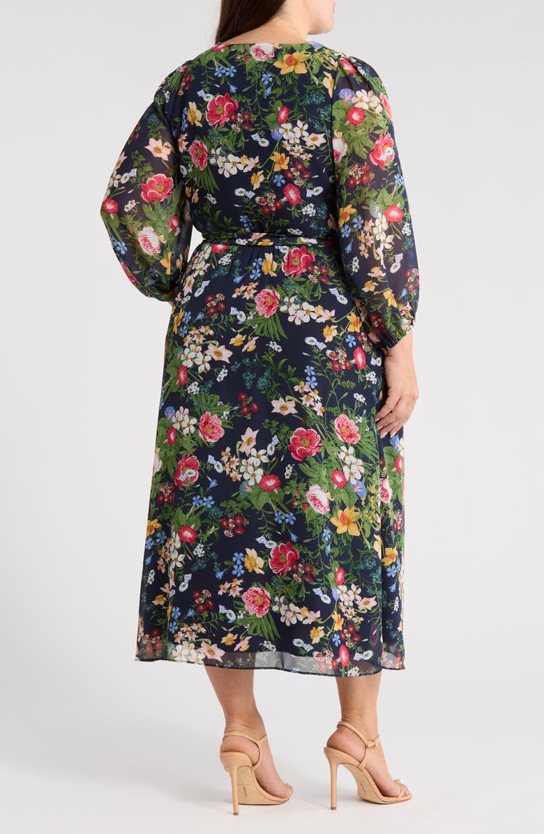 Anne Klein Floral Print Tie Waist Midi Dress, Alternate, color, Distant Mountain Multi