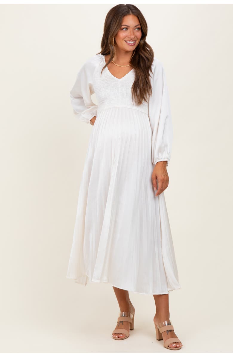 PinkBlush Satin Smocked Pleated Midi Dress, Alternate, color, Cream