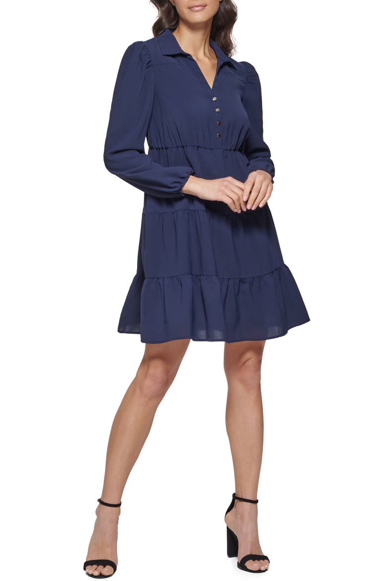 Long Sleeve Tiered Dress, Main, color, NAVY MULTI
