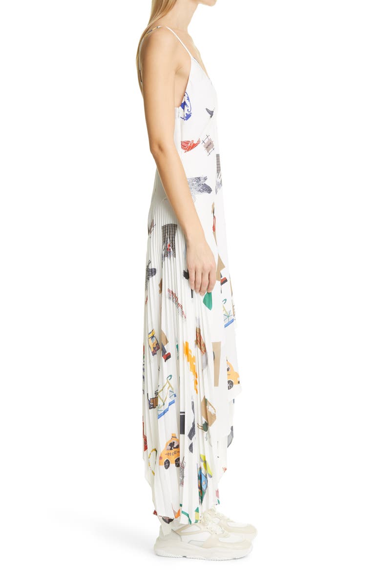 NYC Scrapbook Print Pleated Asymmetric Slipdress, Alternate, color, IVORY MULTI