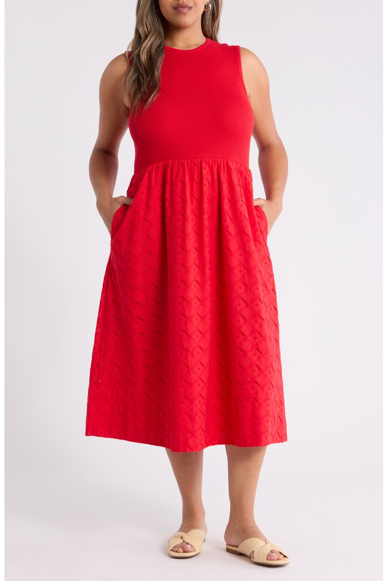 Mixed Media Midi Dress, Main, color, RED RADISH
