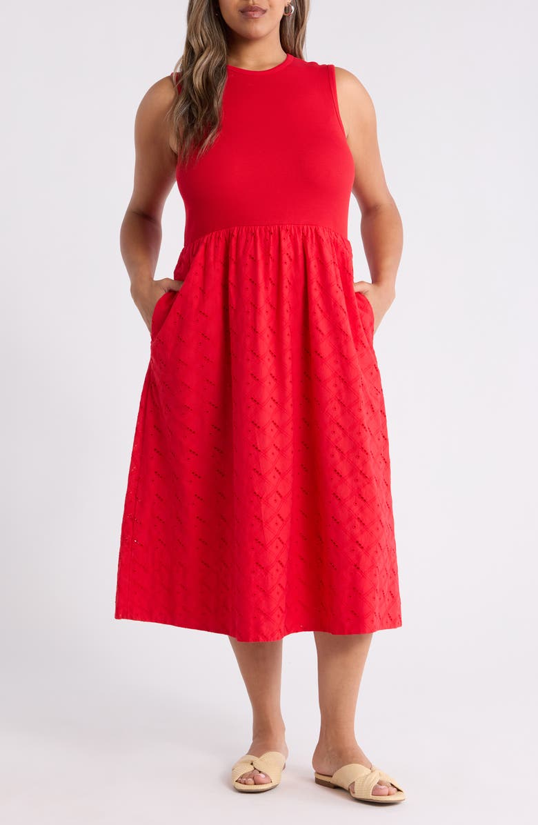 Caslon<sup>®</sup> Mixed Media Midi Dress, Main, color, Red Radish
