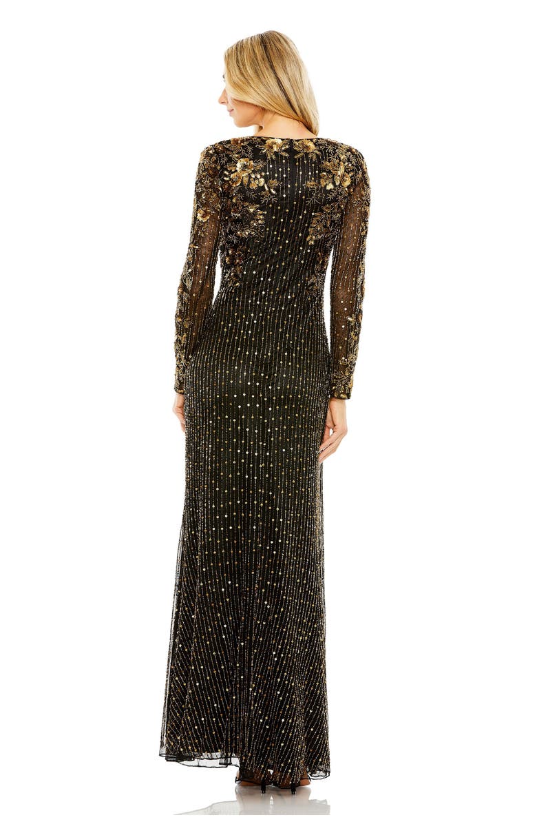 Mac Duggal High Neck Long Sleeve Embellished Gown, Alternate, color, Black Gold