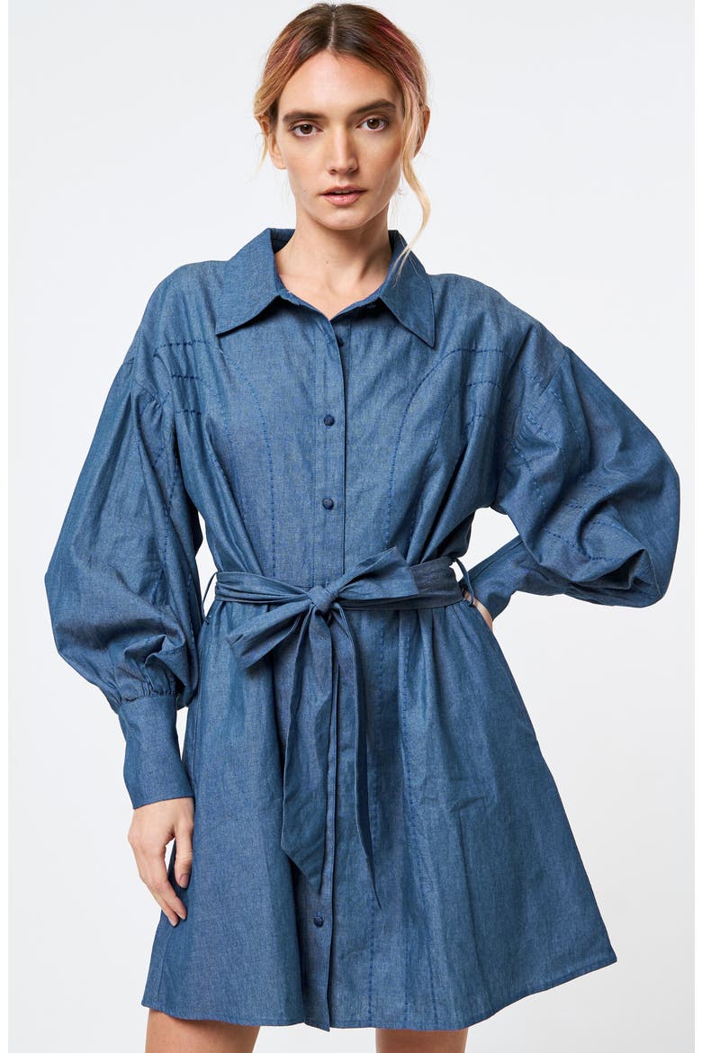 Embroidered Long Sleeve Denim Mini Shirtdress, Alternate, color, BLUE