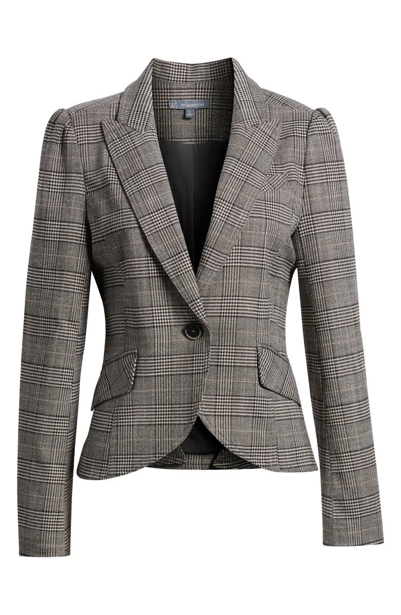 Wit & Wisdom Glen Plaid Puff Shoulder Blazer, Alternate, color, Birch Black Multi
