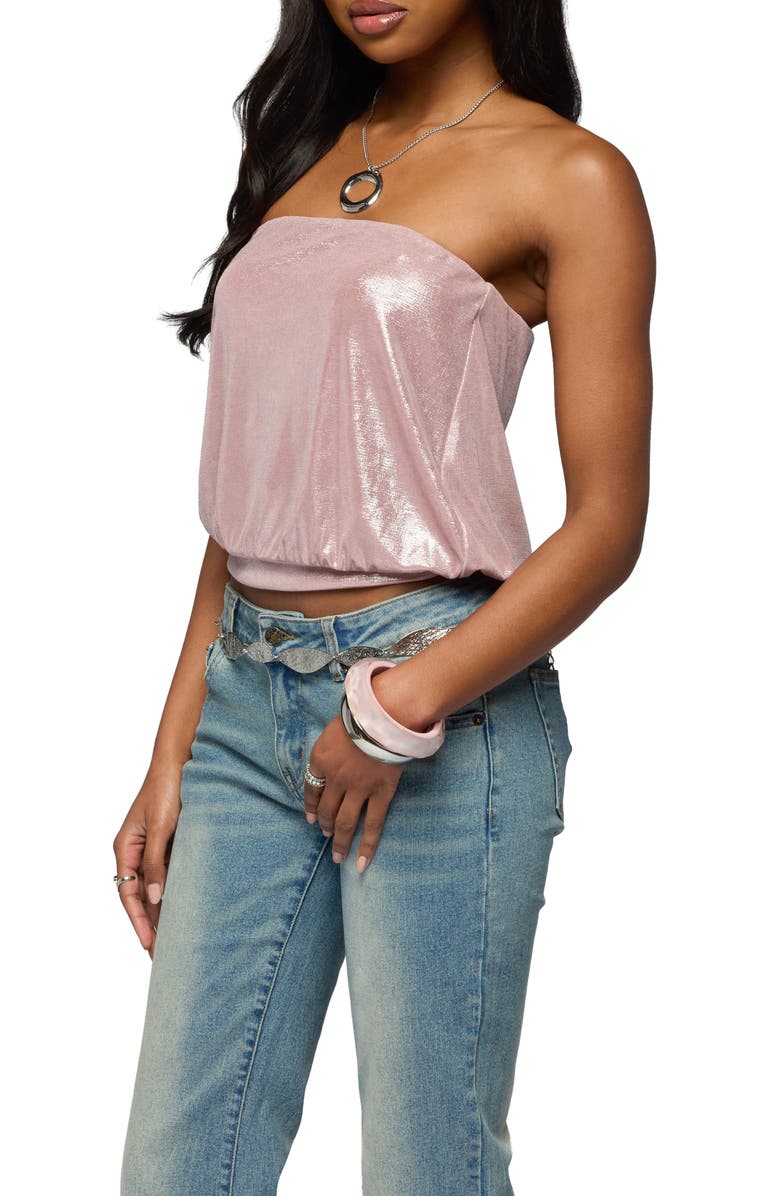 EDIKTED Leira Shimmer Strapless Blouson Top, Alternate, color, 