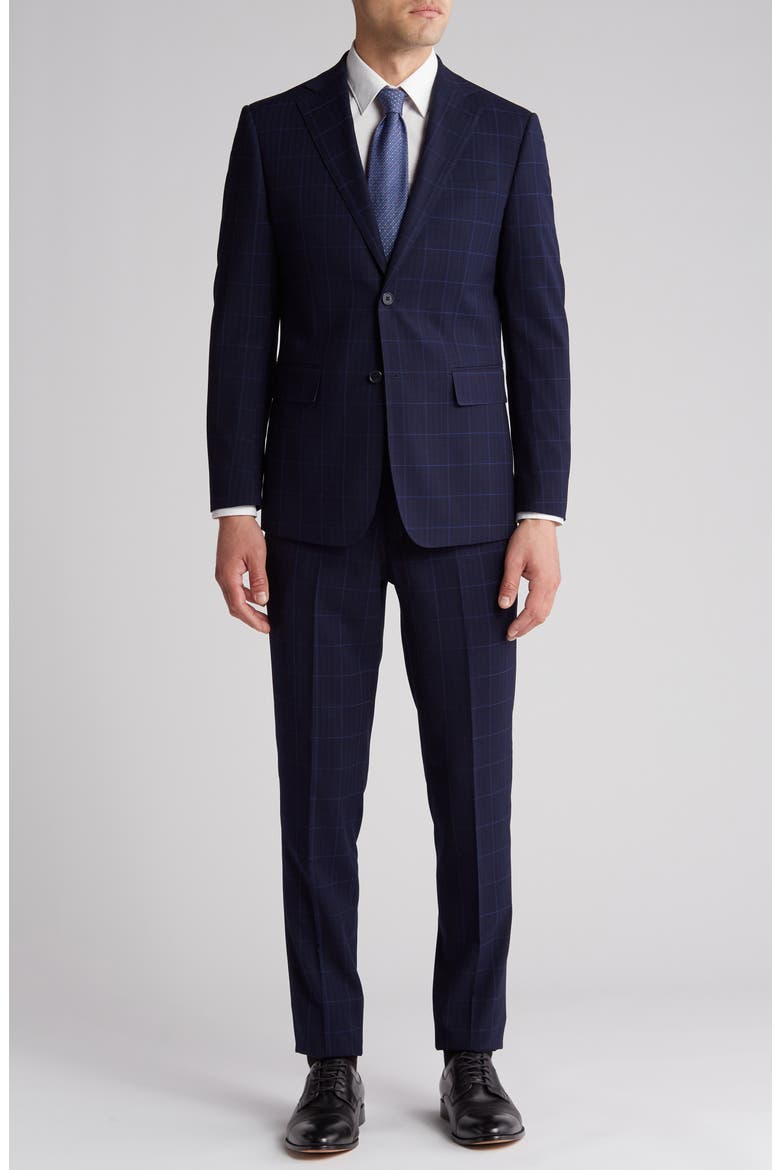 Plaid Trim Fit Notch Lapel Two-Piece Suit, Main, color, BLUE