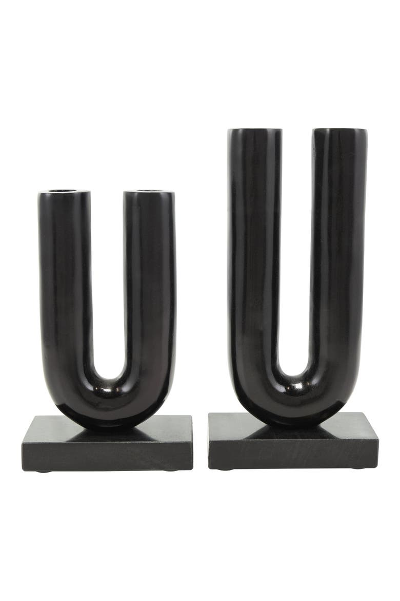 Set of 2 Aluminum Metal Candleholders, Main, color, BLACK