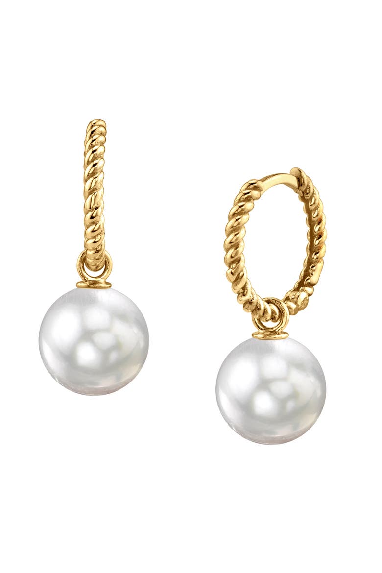 White South Sea Pearl Hoop Via Earrings, Main, color, Yellow Gold