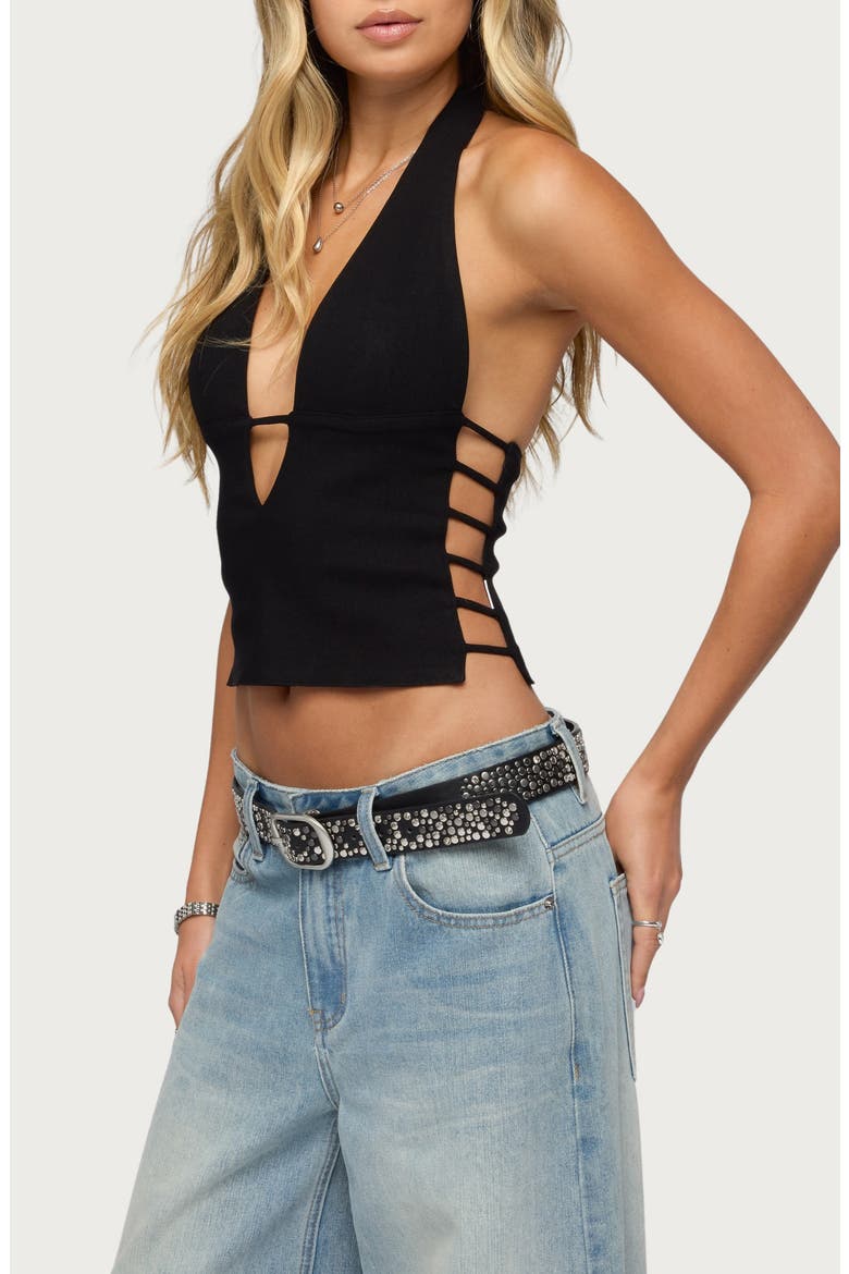 Aneera Plunge Neck Cutout Halter Top, Alternate, color, BLACK
