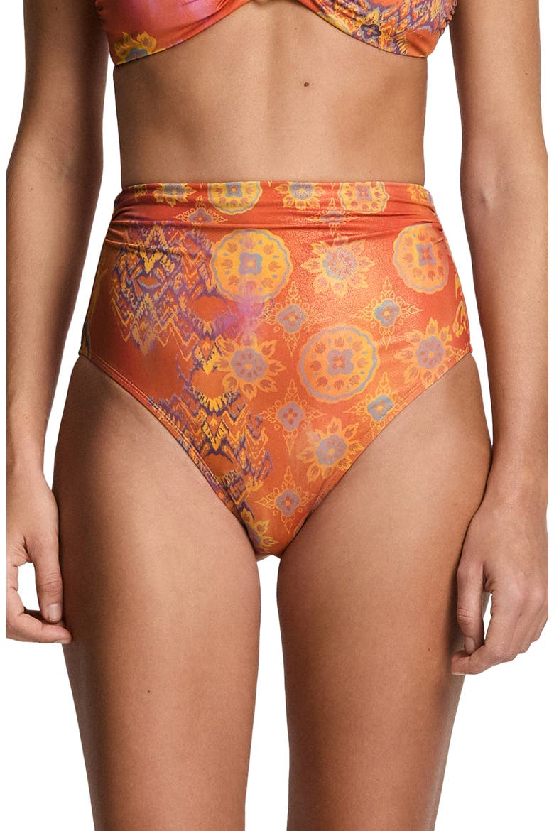 Shirred High Waist Bikini Bottoms, Main, color, ORANGE MULTI