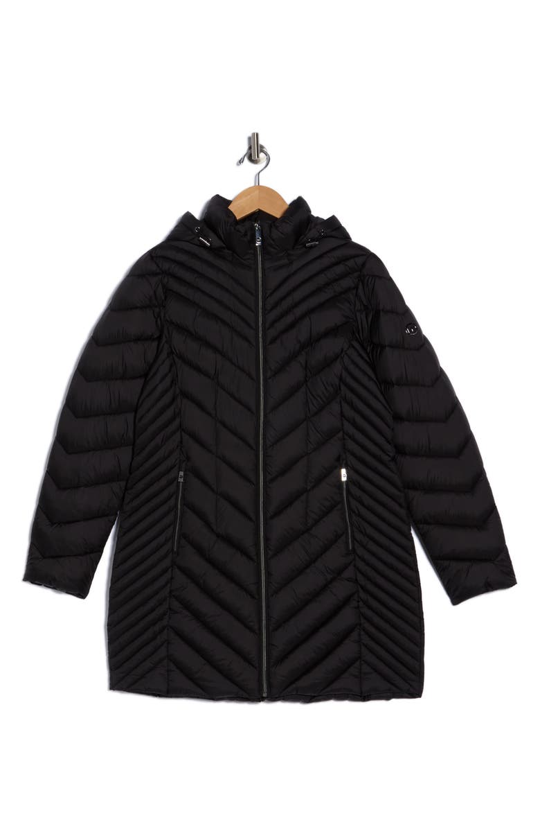 Michael Kors Chevron Quilted Longline 400 Fill Power Hooded Puffer Jacket, Alternate, color, Black