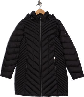 Chevron Quilted Longline 400 Fill Power Hooded Puffer Jacket