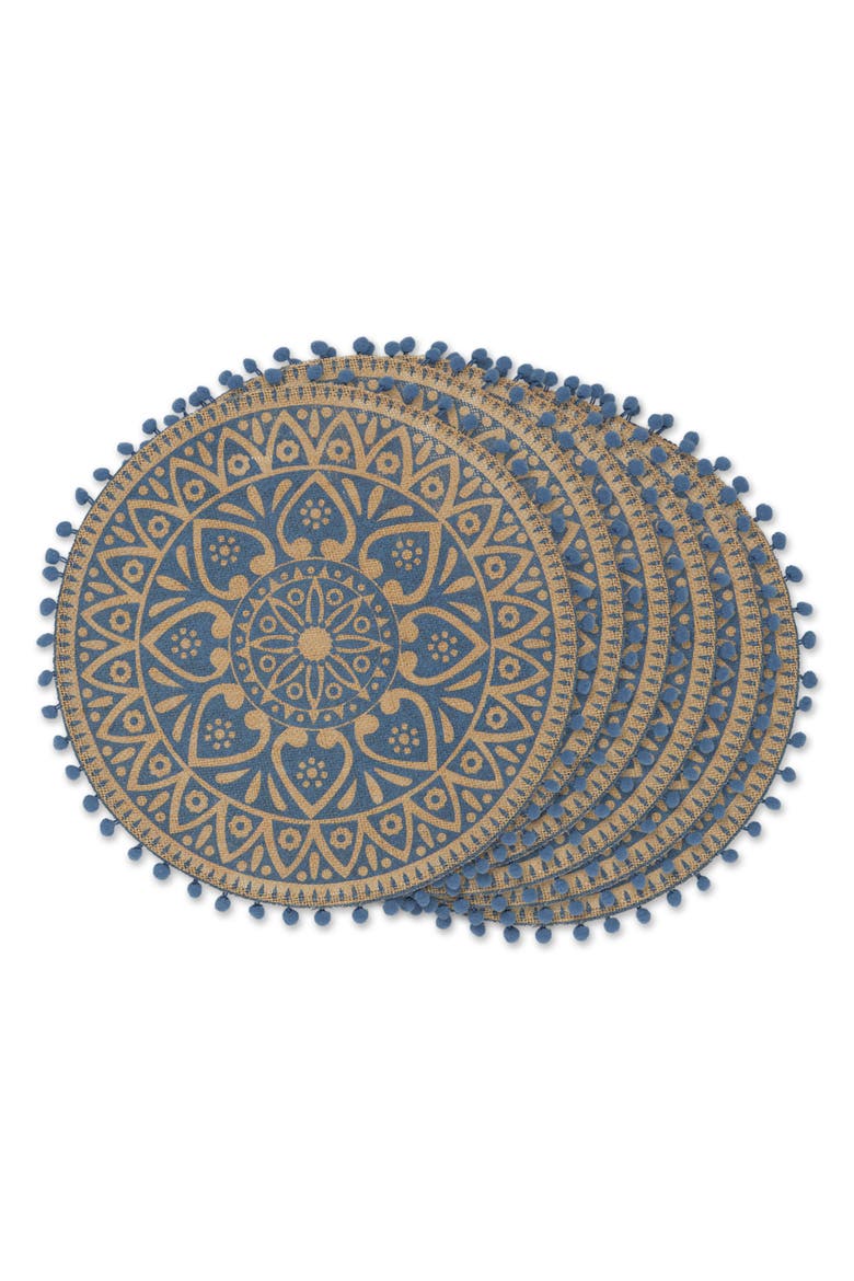 French Blue Block Print Round Jute Placemat Set/6, Main, color, French Blue
