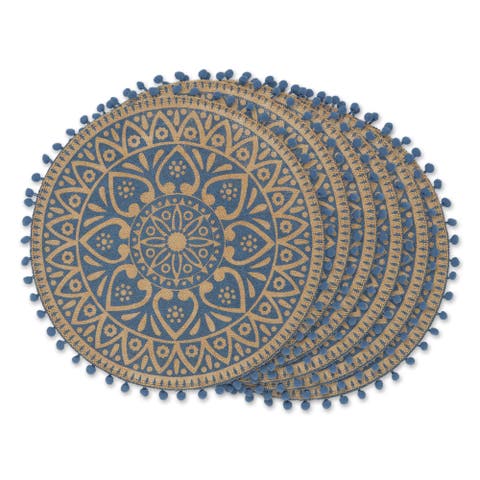 French Blue Block Print Round Jute Placemat Set/6