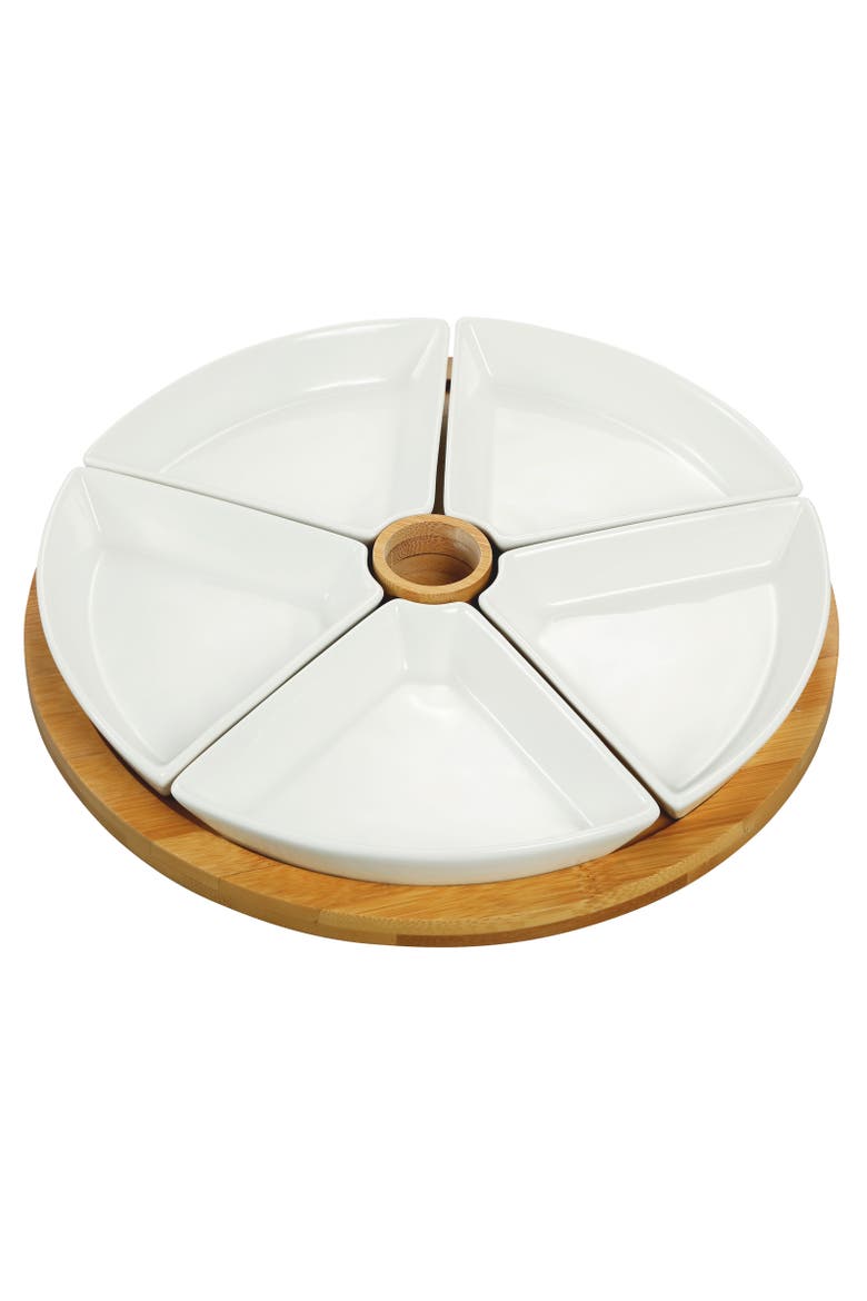 7 Piece Appetizer Serving Set with 5 Serving Dishes, Center Tooth Pick Holder and Wood Serving Tray, Main, color, White