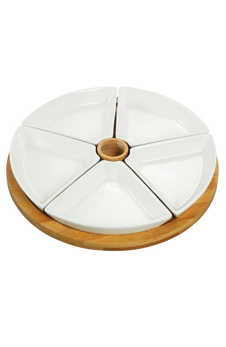 Elama 7 Piece Appetizer Serving Set with 5 Serving Dishes, Center Tooth Pick Holder and Wood Serving Tray, Main, color, White