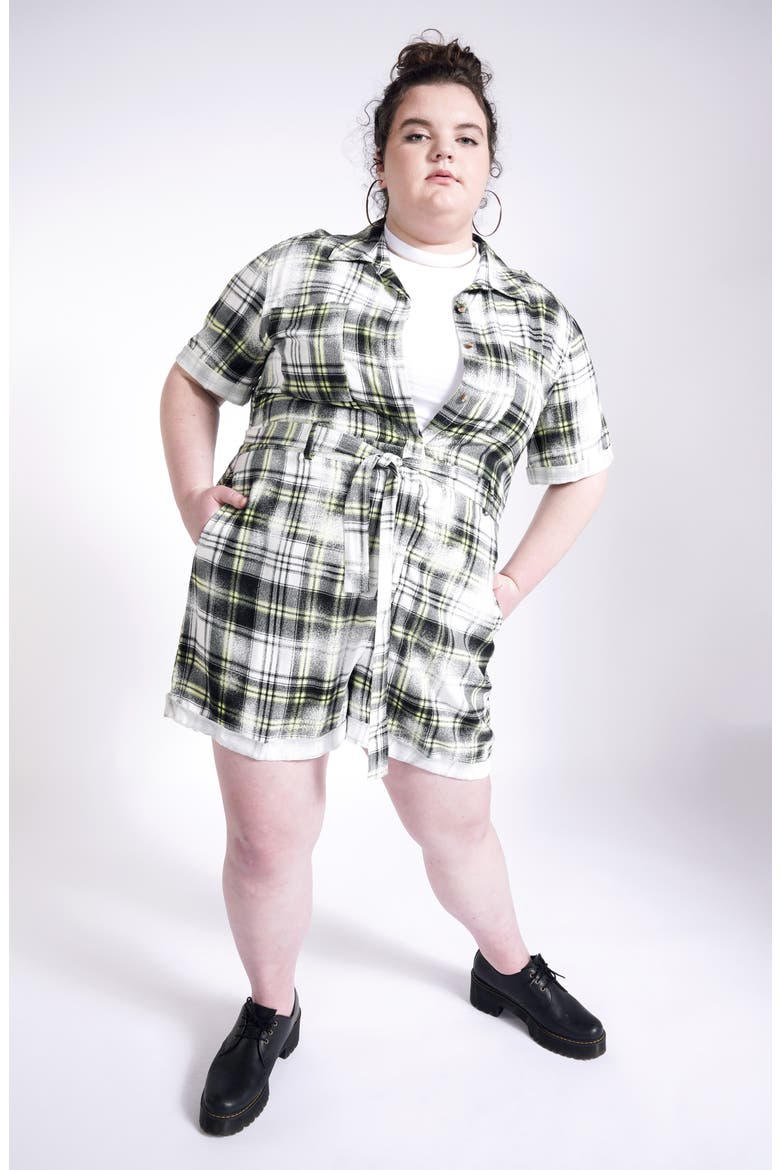 Short Sleeve Romper with Removable Belt (Nordstrom Exclusive), Alternate, color, IVORY GREEN PLAID