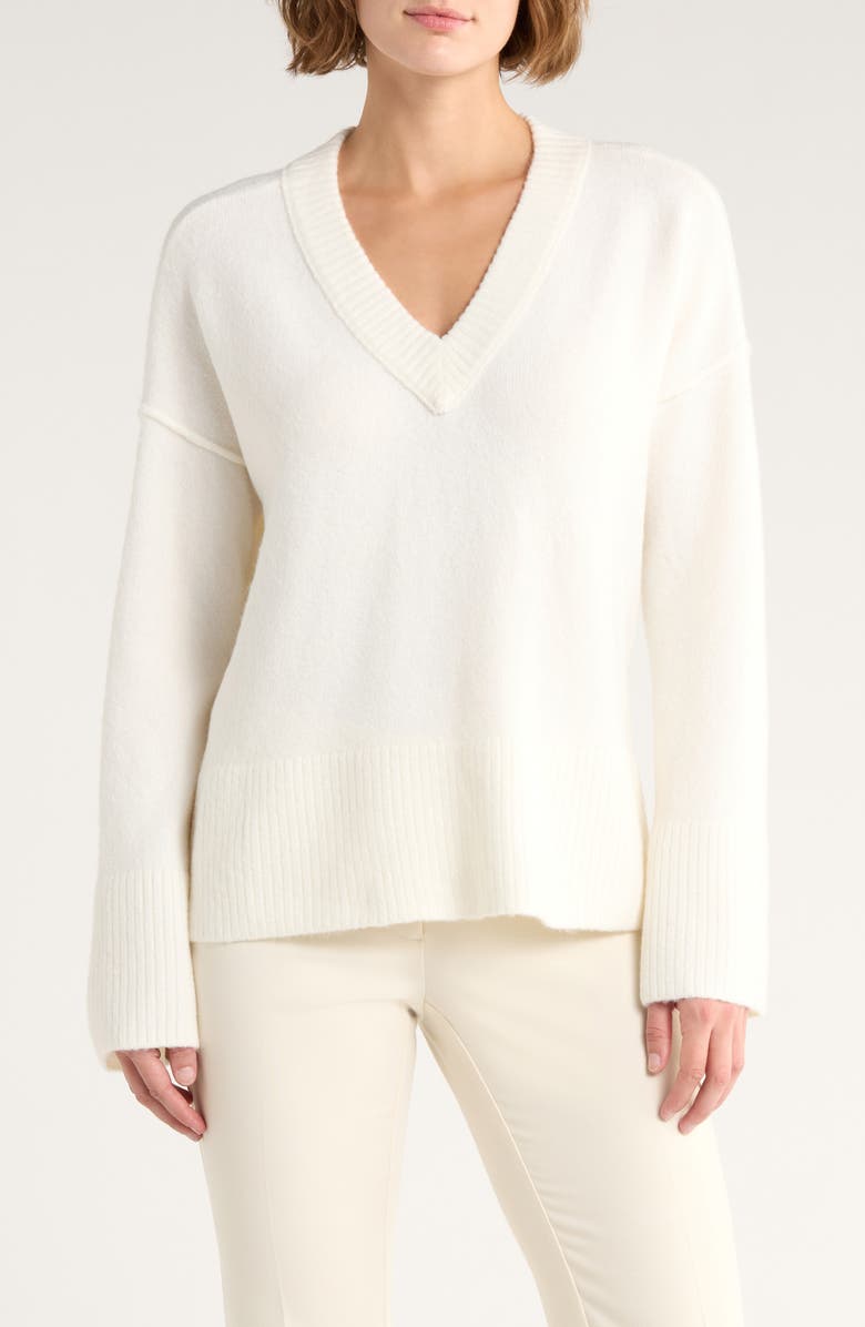 Vince Camuto High-Low V-Neck Sweater, Main, color, Antique White